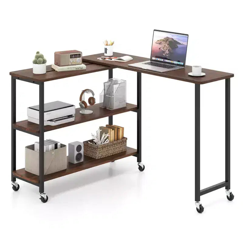 Costway 360 Rotation Mobile Laptop Table with 2-Tier Storage Shelves & 6 Universal Wheels Coffee/Brown/Walnut