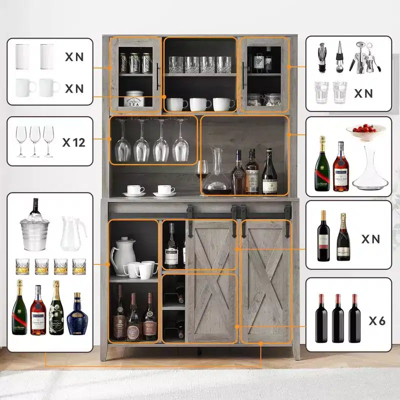 TROPOW 70'' Wine Bar Cabinet with Storage Hutch, Tall Coffee Bar Cabinet with Sliding Barn Doors, Bottle Glasses Rack, Farmhouse Coffee Bar