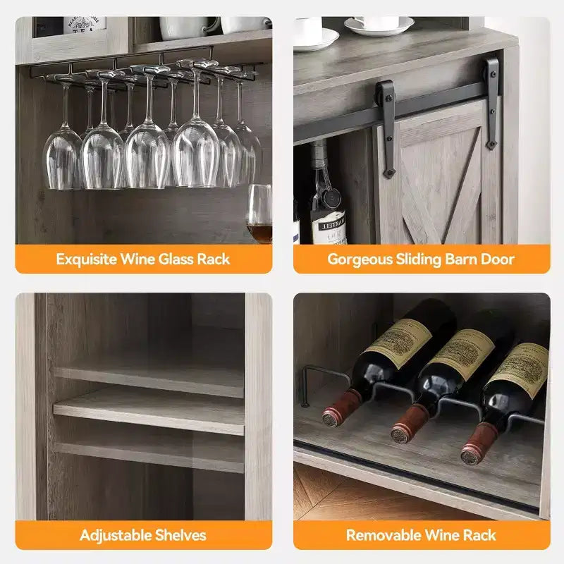 TROPOW 70'' Wine Bar Cabinet with Storage Hutch, Tall Coffee Bar Cabinet with Sliding Barn Doors, Bottle Glasses Rack, Farmhouse Coffee Bar