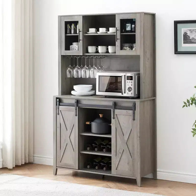 TROPOW 70'' Wine Bar Cabinet with Storage Hutch, Tall Coffee Bar Cabinet with Sliding Barn Doors, Bottle Glasses Rack, Farmhouse Coffee Bar