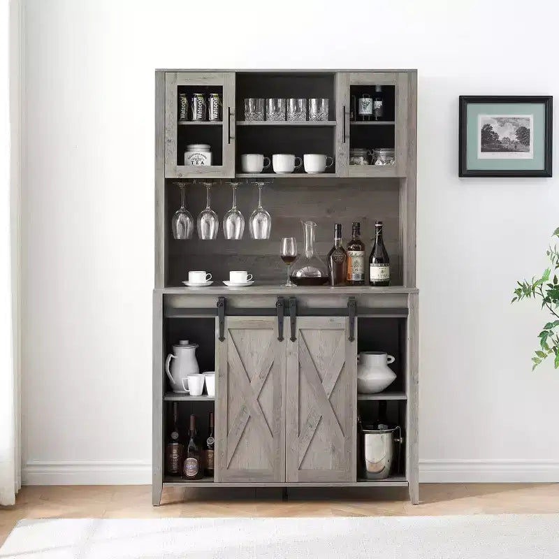 TROPOW 70'' Wine Bar Cabinet with Storage Hutch, Tall Coffee Bar Cabinet with Sliding Barn Doors, Bottle Glasses Rack, Farmhouse Coffee Bar
