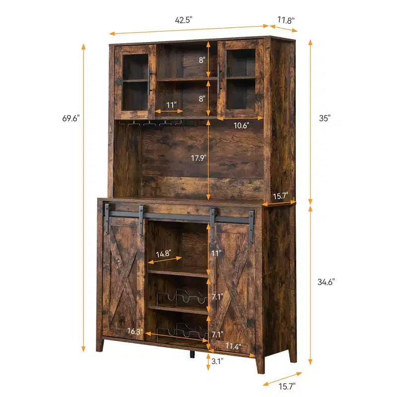 TROPOW 70'' Wine Bar Cabinet with Storage Hutch, Tall Coffee Bar Cabinet with Sliding Barn Doors, Bottle Glasses Rack, Farmhouse Coffee Bar