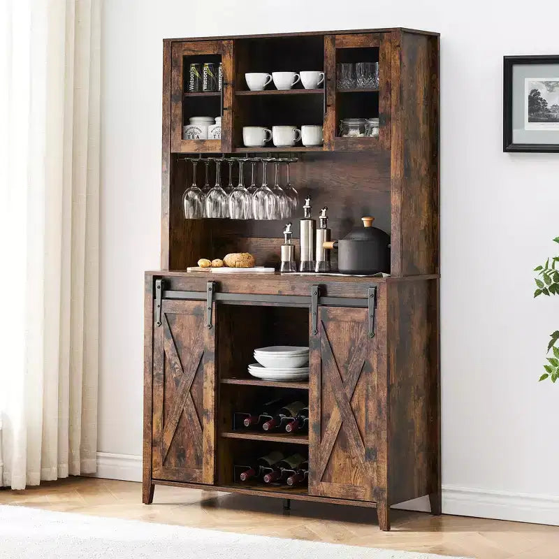 TROPOW 70'' Wine Bar Cabinet with Storage Hutch, Tall Coffee Bar Cabinet with Sliding Barn Doors, Bottle Glasses Rack, Farmhouse Coffee Bar