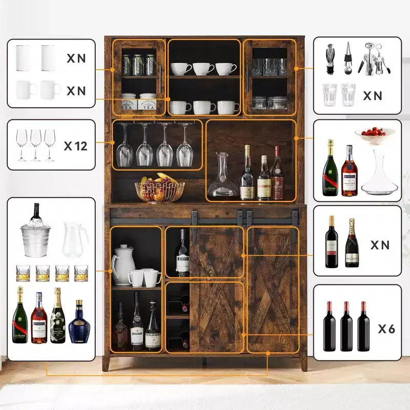 TROPOW 70'' Wine Bar Cabinet with Storage Hutch, Tall Coffee Bar Cabinet with Sliding Barn Doors, Bottle Glasses Rack, Farmhouse Coffee Bar