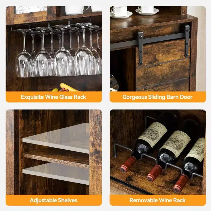 TROPOW 70'' Wine Bar Cabinet with Storage Hutch, Tall Coffee Bar Cabinet with Sliding Barn Doors, Bottle Glasses Rack, Farmhouse Coffee Bar