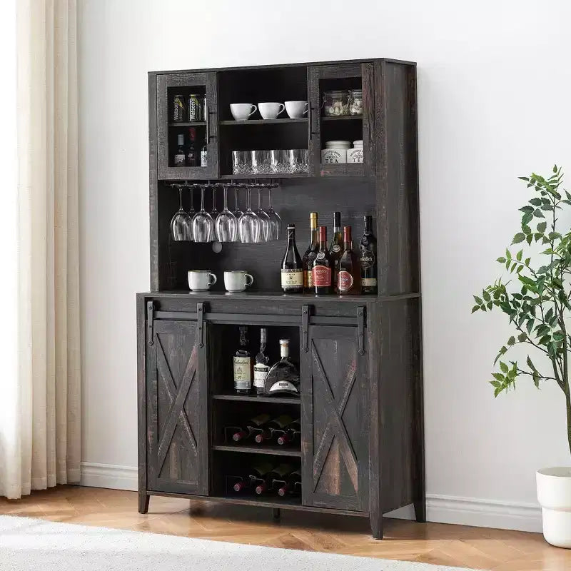 TROPOW 70'' Wine Bar Cabinet with Storage Hutch, Tall Coffee Bar Cabinet with Sliding Barn Doors, Bottle Glasses Rack, Farmhouse Coffee Bar