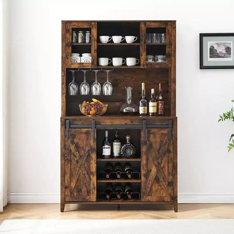 TROPOW 70'' Wine Bar Cabinet with Storage Hutch, Tall Coffee Bar Cabinet with Sliding Barn Doors, Bottle Glasses Rack, Farmhouse Coffee Bar