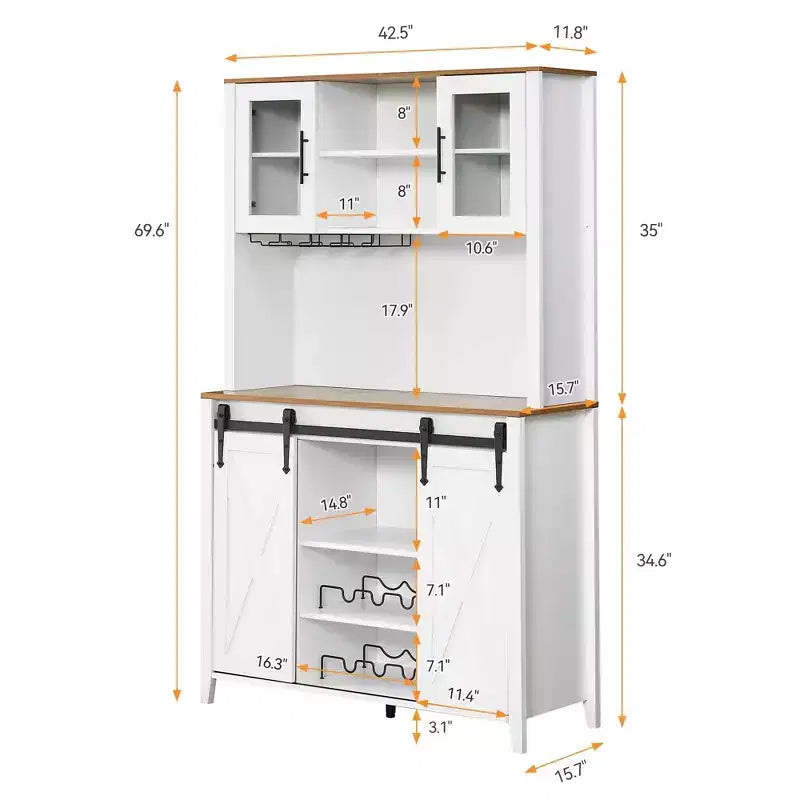 TROPOW 70'' Wine Bar Cabinet with Storage Hutch, Tall Coffee Bar Cabinet with Sliding Barn Doors, Bottle Glasses Rack, Farmhouse Coffee Bar