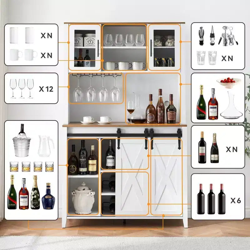 TROPOW 70'' Wine Bar Cabinet with Storage Hutch, Tall Coffee Bar Cabinet with Sliding Barn Doors, Bottle Glasses Rack, Farmhouse Coffee Bar