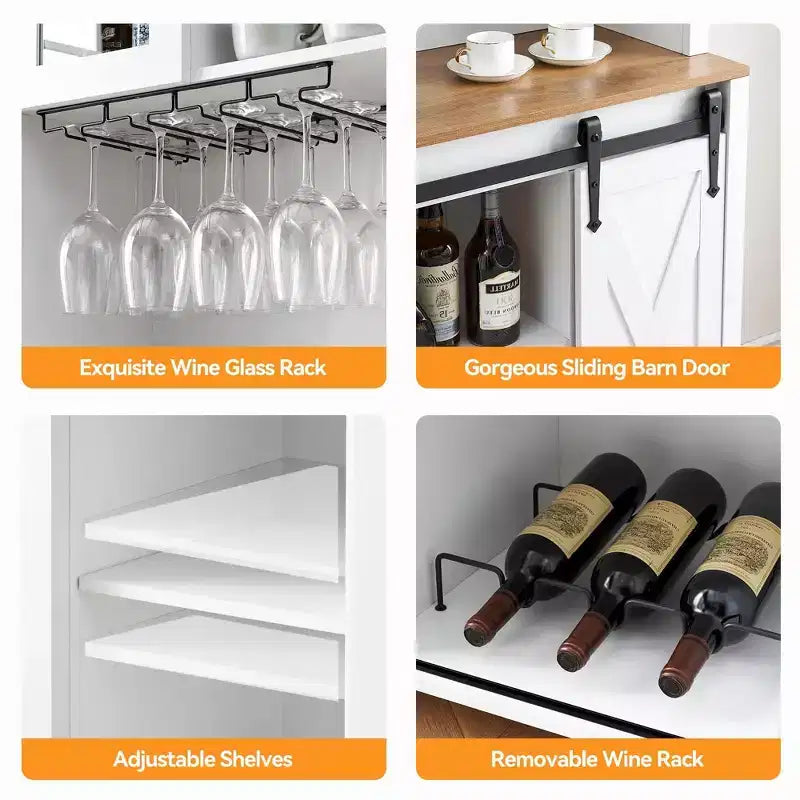 TROPOW 70'' Wine Bar Cabinet with Storage Hutch, Tall Coffee Bar Cabinet with Sliding Barn Doors, Bottle Glasses Rack, Farmhouse Coffee Bar