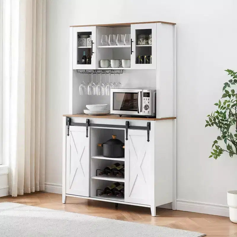 TROPOW 70'' Wine Bar Cabinet with Storage Hutch, Tall Coffee Bar Cabinet with Sliding Barn Doors, Bottle Glasses Rack, Farmhouse Coffee Bar