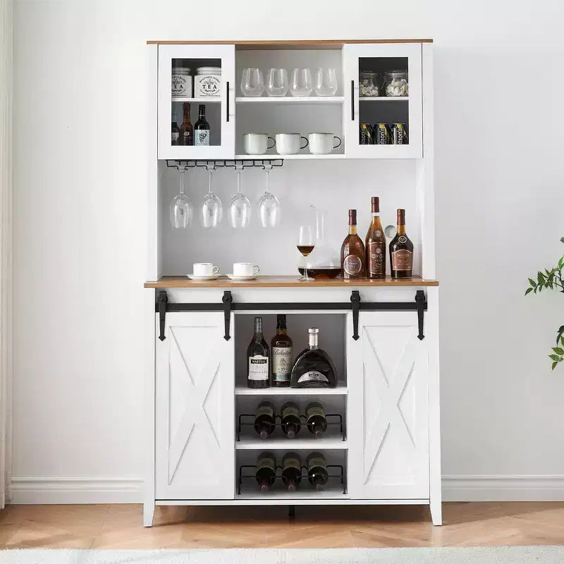 TROPOW 70'' Wine Bar Cabinet with Storage Hutch, Tall Coffee Bar Cabinet with Sliding Barn Doors, Bottle Glasses Rack, Farmhouse Coffee Bar