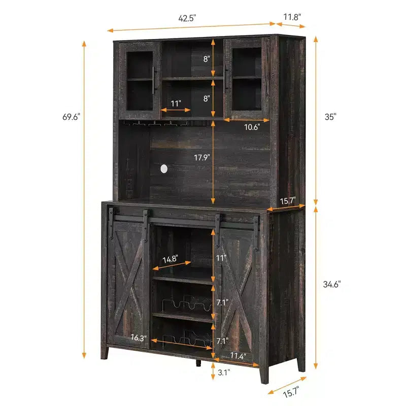 TROPOW 70'' Wine Bar Cabinet with Storage Hutch, Tall Coffee Bar Cabinet with Sliding Barn Doors, Bottle Glasses Rack, Farmhouse Coffee Bar