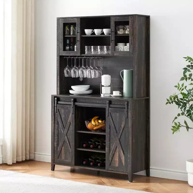 TROPOW 70'' Wine Bar Cabinet with Storage Hutch, Tall Coffee Bar Cabinet with Sliding Barn Doors, Bottle Glasses Rack, Farmhouse Coffee Bar