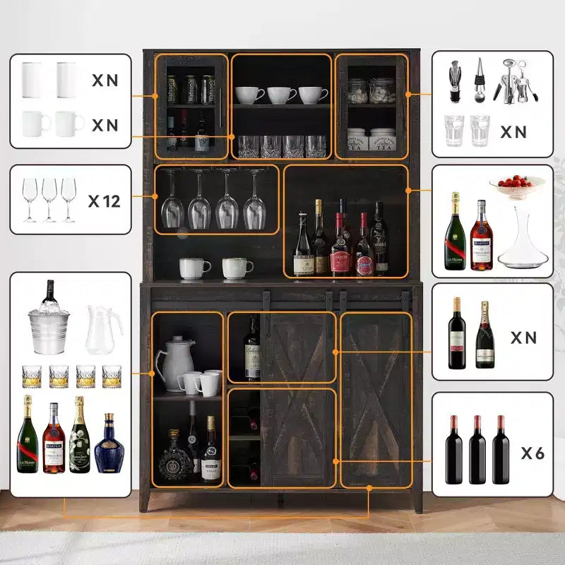 TROPOW 70'' Wine Bar Cabinet with Storage Hutch, Tall Coffee Bar Cabinet with Sliding Barn Doors, Bottle Glasses Rack, Farmhouse Coffee Bar