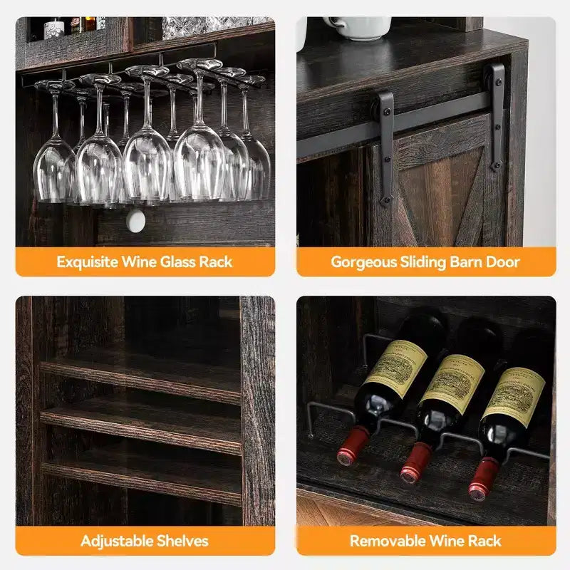 TROPOW 70'' Wine Bar Cabinet with Storage Hutch, Tall Coffee Bar Cabinet with Sliding Barn Doors, Bottle Glasses Rack, Farmhouse Coffee Bar