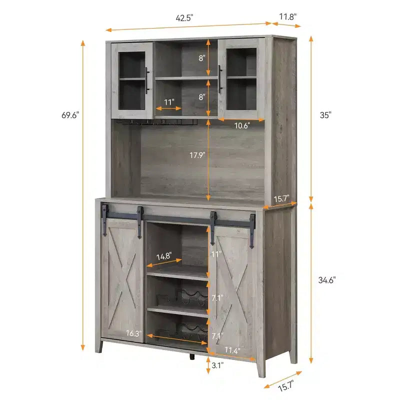 TROPOW 70'' Wine Bar Cabinet with Storage Hutch, Tall Coffee Bar Cabinet with Sliding Barn Doors, Bottle Glasses Rack, Farmhouse Coffee Bar