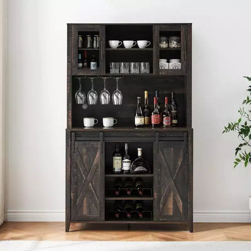 TROPOW 70'' Wine Bar Cabinet with Storage Hutch, Tall Coffee Bar Cabinet with Sliding Barn Doors, Bottle Glasses Rack, Farmhouse Coffee Bar
