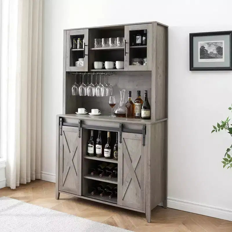TROPOW 70'' Wine Bar Cabinet with Storage Hutch, Tall Coffee Bar Cabinet with Sliding Barn Doors, Bottle Glasses Rack, Farmhouse Coffee Bar