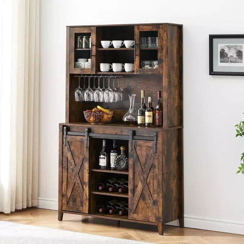 TROPOW 70'' Wine Bar Cabinet with Storage Hutch, Tall Coffee Bar Cabinet with Sliding Barn Doors, Bottle Glasses Rack, Farmhouse Coffee Bar