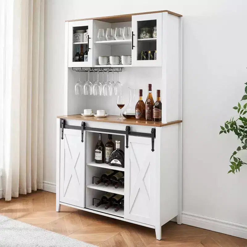 TROPOW 70'' Wine Bar Cabinet with Storage Hutch, Tall Coffee Bar Cabinet with Sliding Barn Doors, Bottle Glasses Rack, Farmhouse Coffee Bar