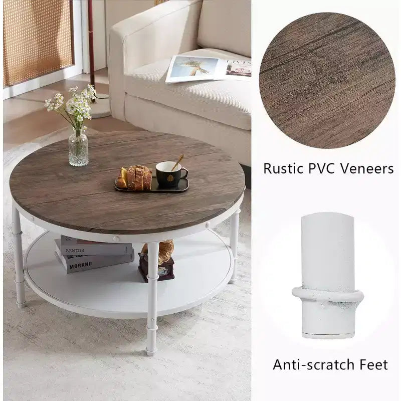 VINGLI 31.5 Dark Walnut White Round Farmhouse Coffee Table, 2-Tier Storage Wood Center Circle Accent Table for Living Room