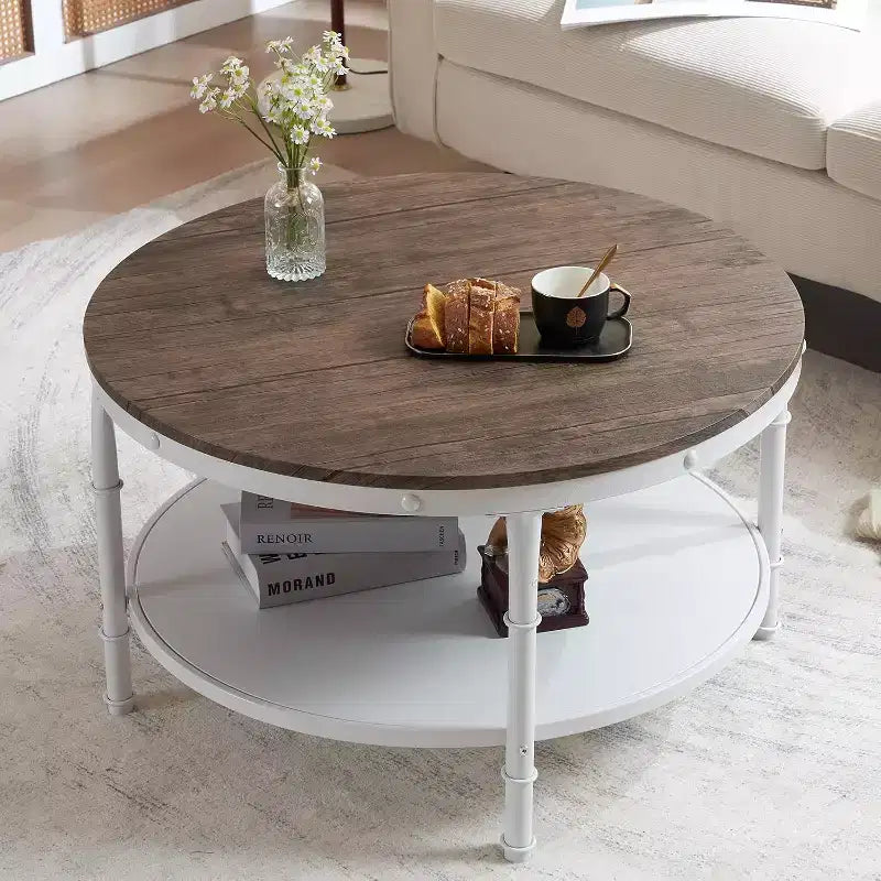 VINGLI 31.5 Dark Walnut White Round Farmhouse Coffee Table, 2-Tier Storage Wood Center Circle Accent Table for Living Room
