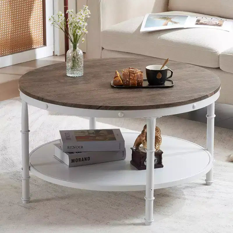 VINGLI 31.5 Dark Walnut White Round Farmhouse Coffee Table, 2-Tier Storage Wood Center Circle Accent Table for Living Room