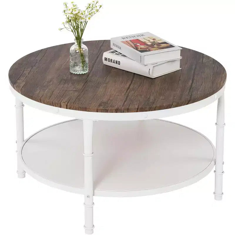 VINGLI 31.5 Dark Walnut White Round Farmhouse Coffee Table, 2-Tier Storage Wood Center Circle Accent Table for Living Room