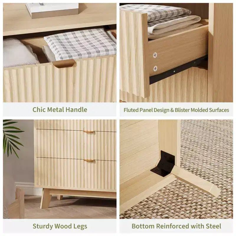 3 Drawer Dressers, Modern Fluted Closet Dressers Chest of Drawers, for Bedroom Living Room, Hallway,