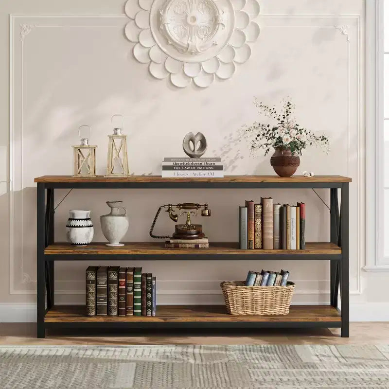 55 Long Console Table, 3-Tier Entryway Table, Sofa Table Behind Couch, Industrial Entry Table, Rectangular Sofa Table, for Hallway, Bedroom