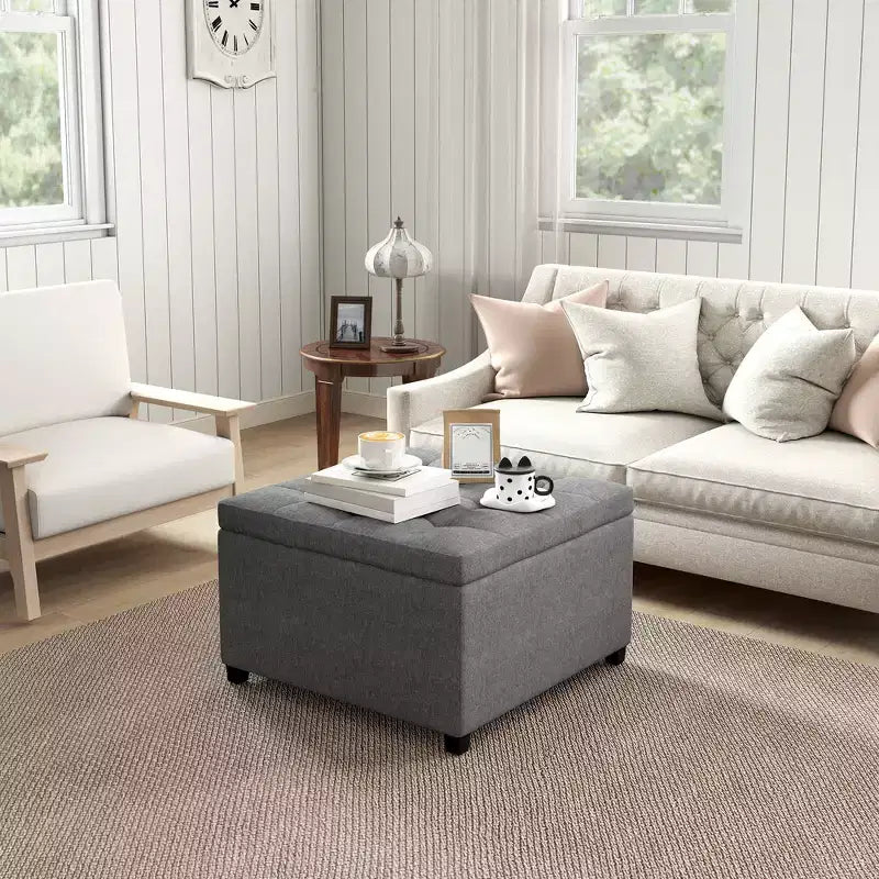 Round Storage Ottoman Bench, Button Tufted Ottoman with Flip Top for Living Room, Entryway and Bedroom