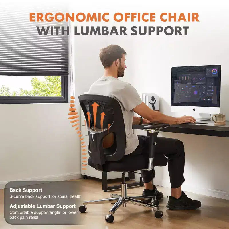 Okak Minimalism Ergonomic Office Chair with Mesh Backrest, Computer Chair with Lumbar Support and Armrest, Swivel Chair for Home, Office, Black