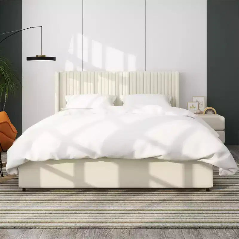 Upholstered Queen Bed, Velvet Queen Size Bed with Modern Design Headboard, Tight Channel, Wooden Slat Mattress Support