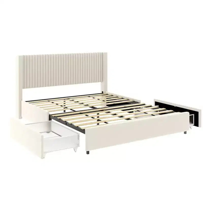 Upholstered Queen Bed, Velvet Queen Size Bed with Modern Design Headboard, Tight Channel, Wooden Slat Mattress Support