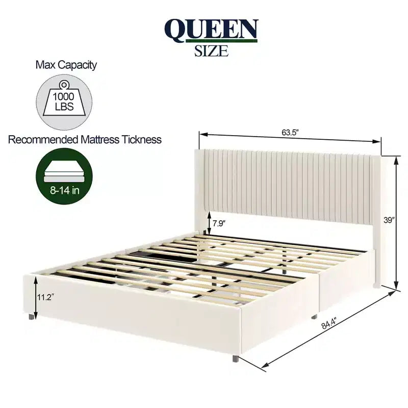 Upholstered Queen Bed, Velvet Queen Size Bed with Modern Design Headboard, Tight Channel, Wooden Slat Mattress Support