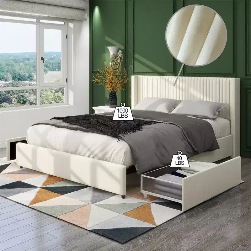 Upholstered Queen Bed, Velvet Queen Size Bed with Modern Design Headboard, Tight Channel, Wooden Slat Mattress Support