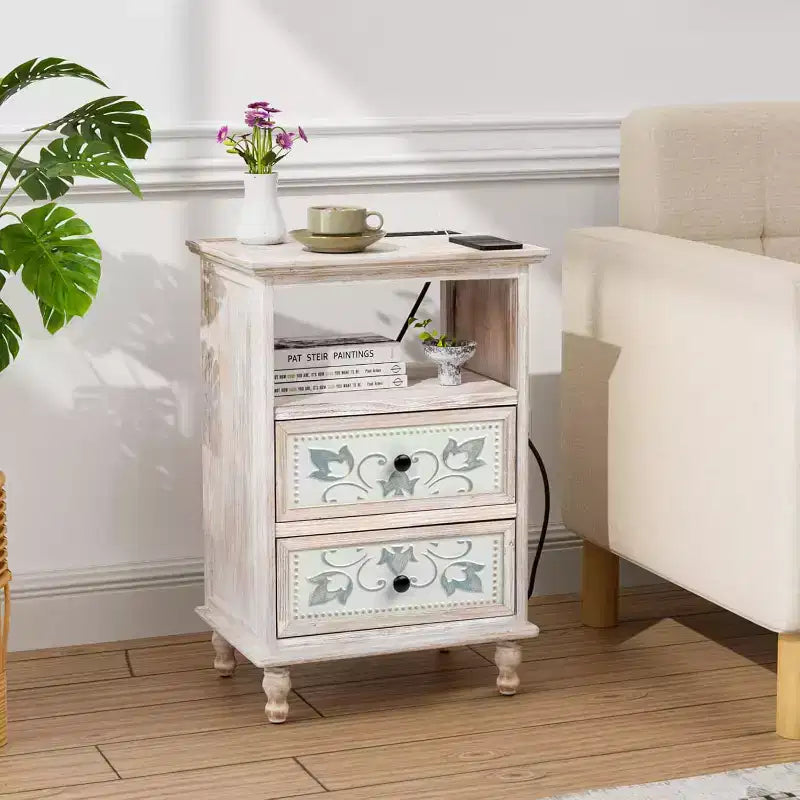 VINGLI White Nightstand with Charging Station, 28.7 Tall Night Stand for Bedroom