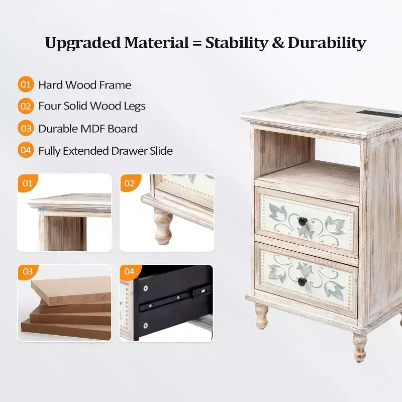 VINGLI White Nightstand with Charging Station, 28.7 Tall Night Stand for Bedroom
