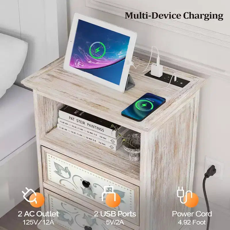 VINGLI White Nightstand with Charging Station, 28.7 Tall Night Stand for Bedroom