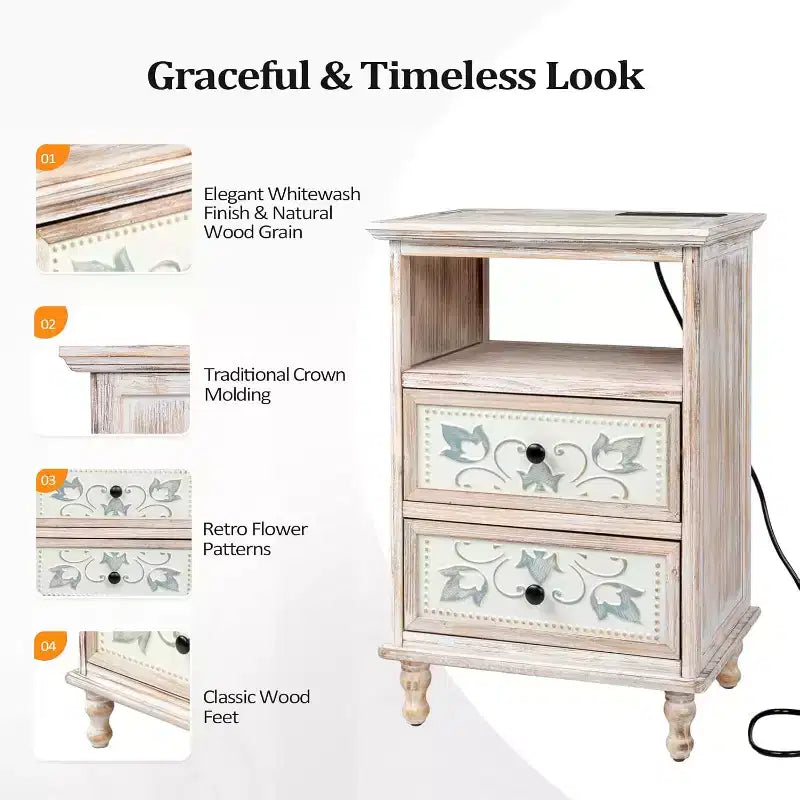 VINGLI White Nightstand with Charging Station, 28.7 Tall Night Stand for Bedroom
