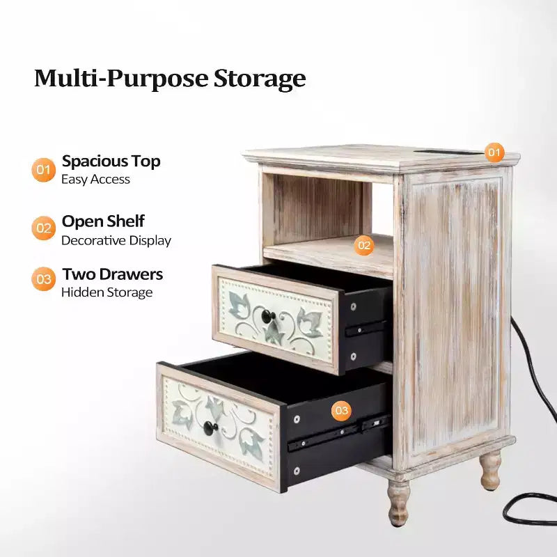VINGLI White Nightstand with Charging Station, 28.7 Tall Night Stand for Bedroom