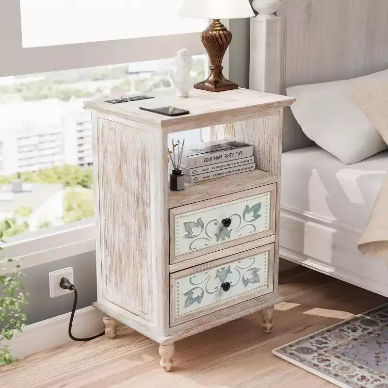 VINGLI White Nightstand with Charging Station, 28.7 Tall Night Stand for Bedroom