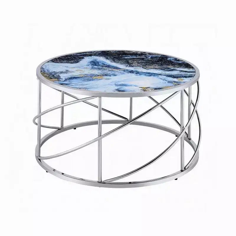 Royal Hampton Round Coffee Table, 33 Inch, Open Chrome Base, Blue Faux Marble
