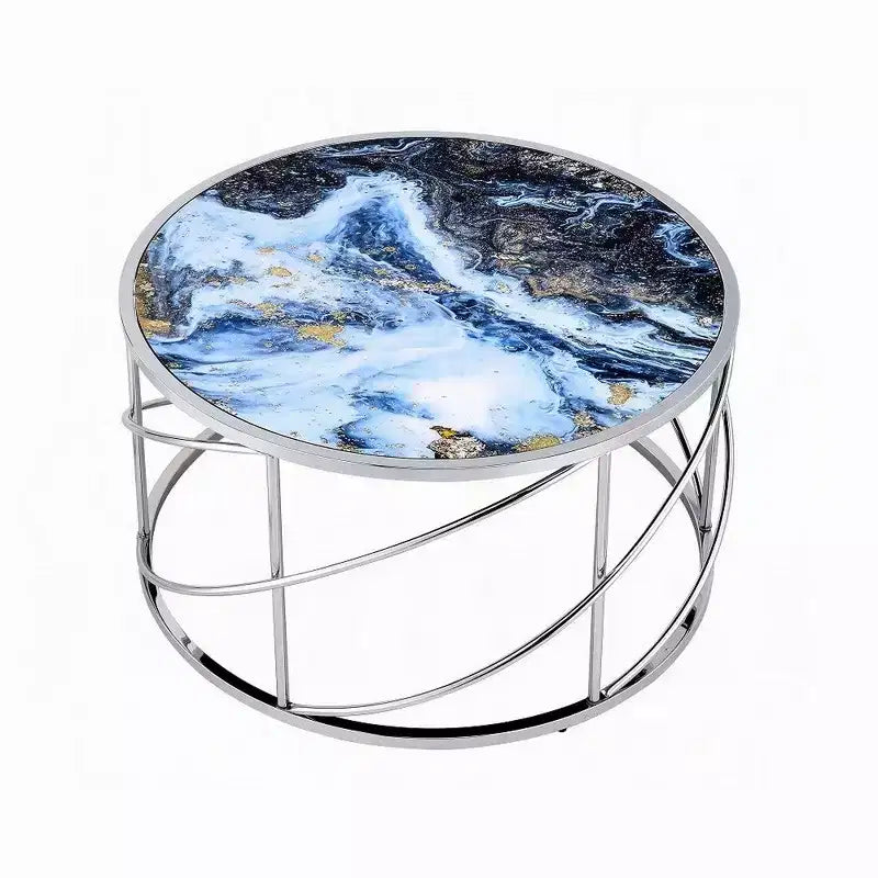 Royal Hampton Round Coffee Table, 33 Inch, Open Chrome Base, Blue Faux Marble