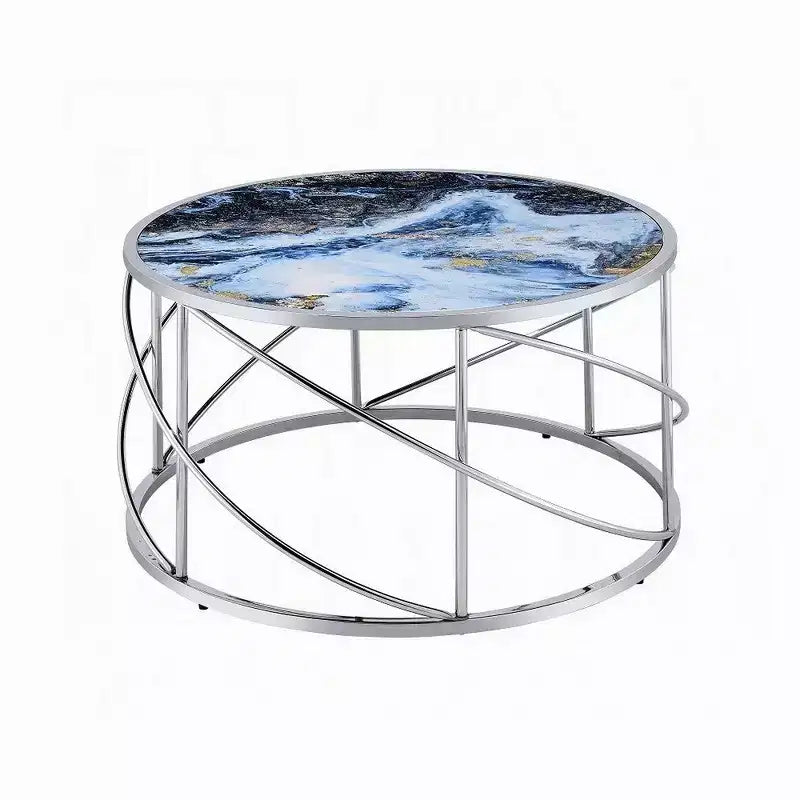Royal Hampton Round Coffee Table, 33 Inch, Open Chrome Base, Blue Faux Marble