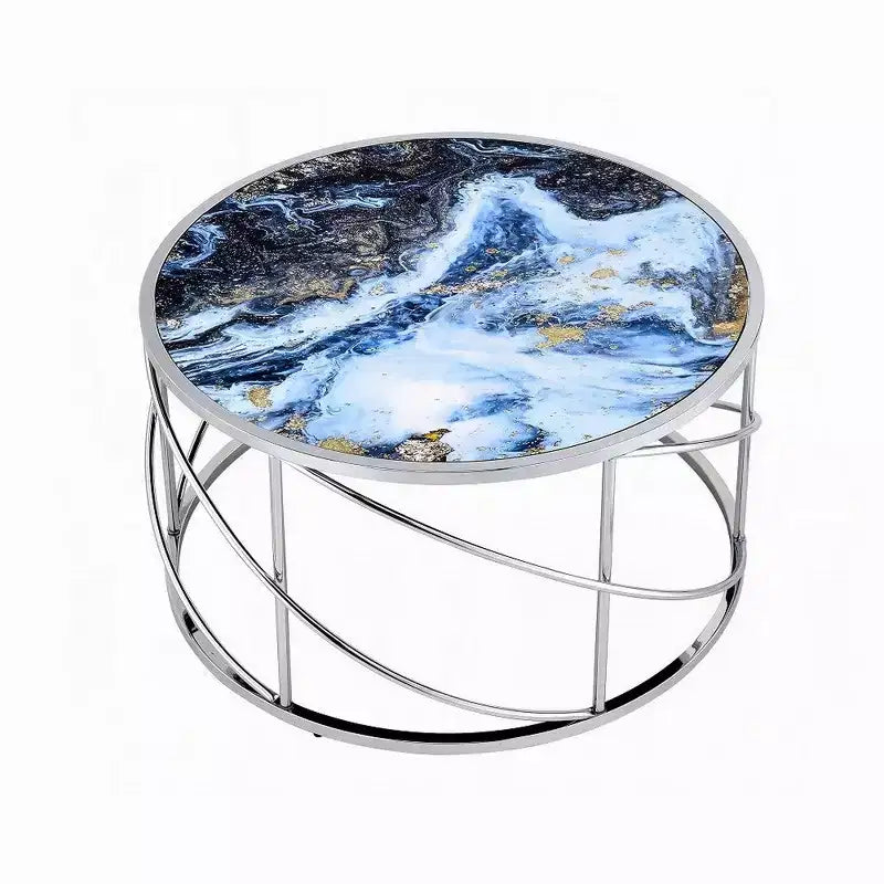 Royal Hampton Round Coffee Table, 33 Inch, Open Chrome Base, Blue Faux Marble