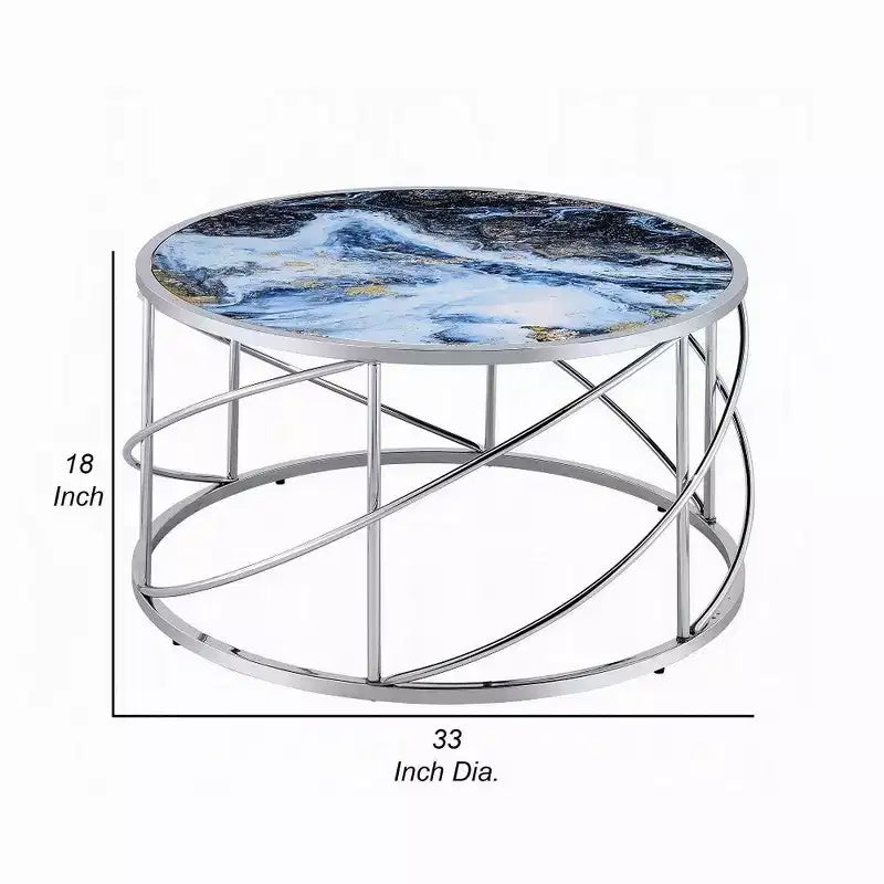 Royal Hampton Round Coffee Table, 33 Inch, Open Chrome Base, Blue Faux Marble
