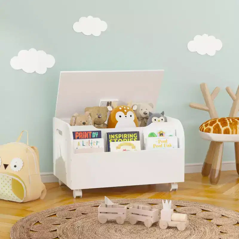 Whisen Wooden Toy Box, Kids Toy Storage Organizer with Front Bookshelf, Flip-Top Lid, Safety Hinge