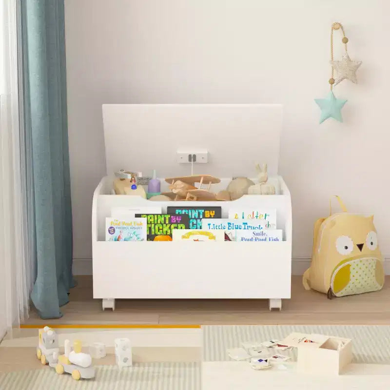 Whisen Wooden Toy Box, Kids Toy Storage Organizer with Front Bookshelf, Flip-Top Lid, Safety Hinge